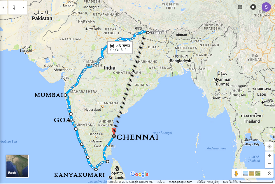 Kathmandu to Kanyakumari (K2K) Ride Map