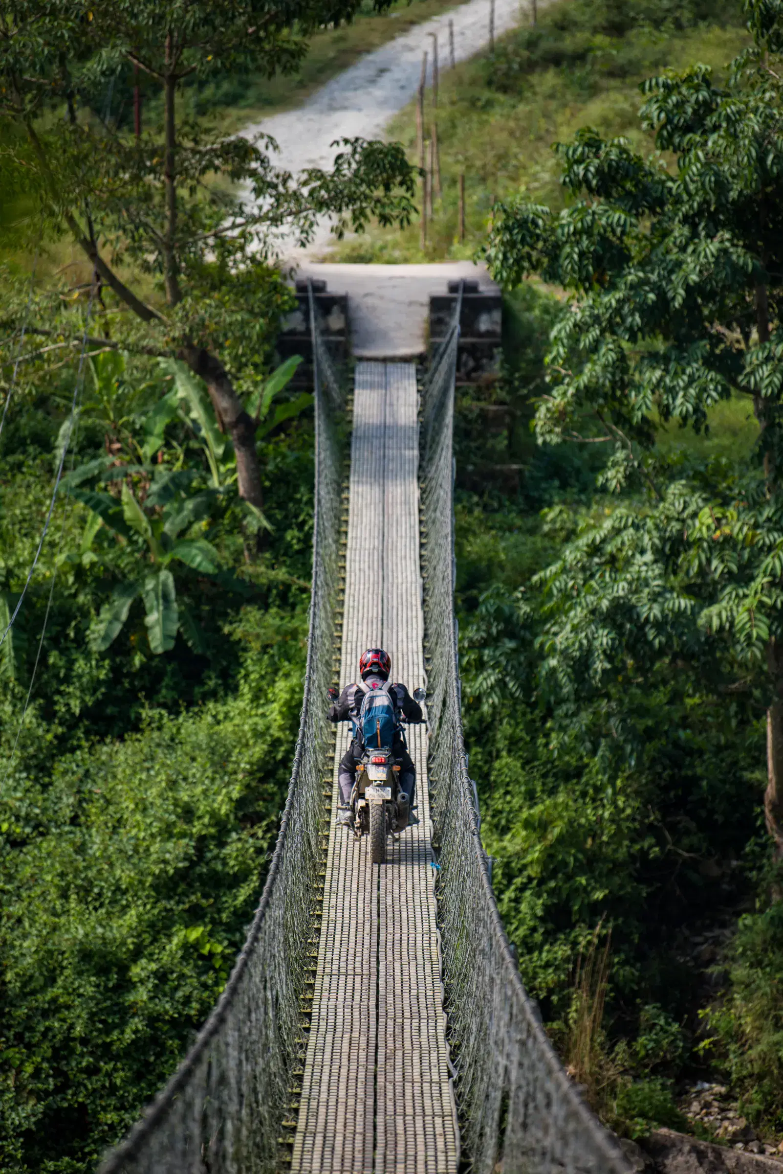 Portrait-oriented Outdoor scene featuring people, a built structure, and greenery.
