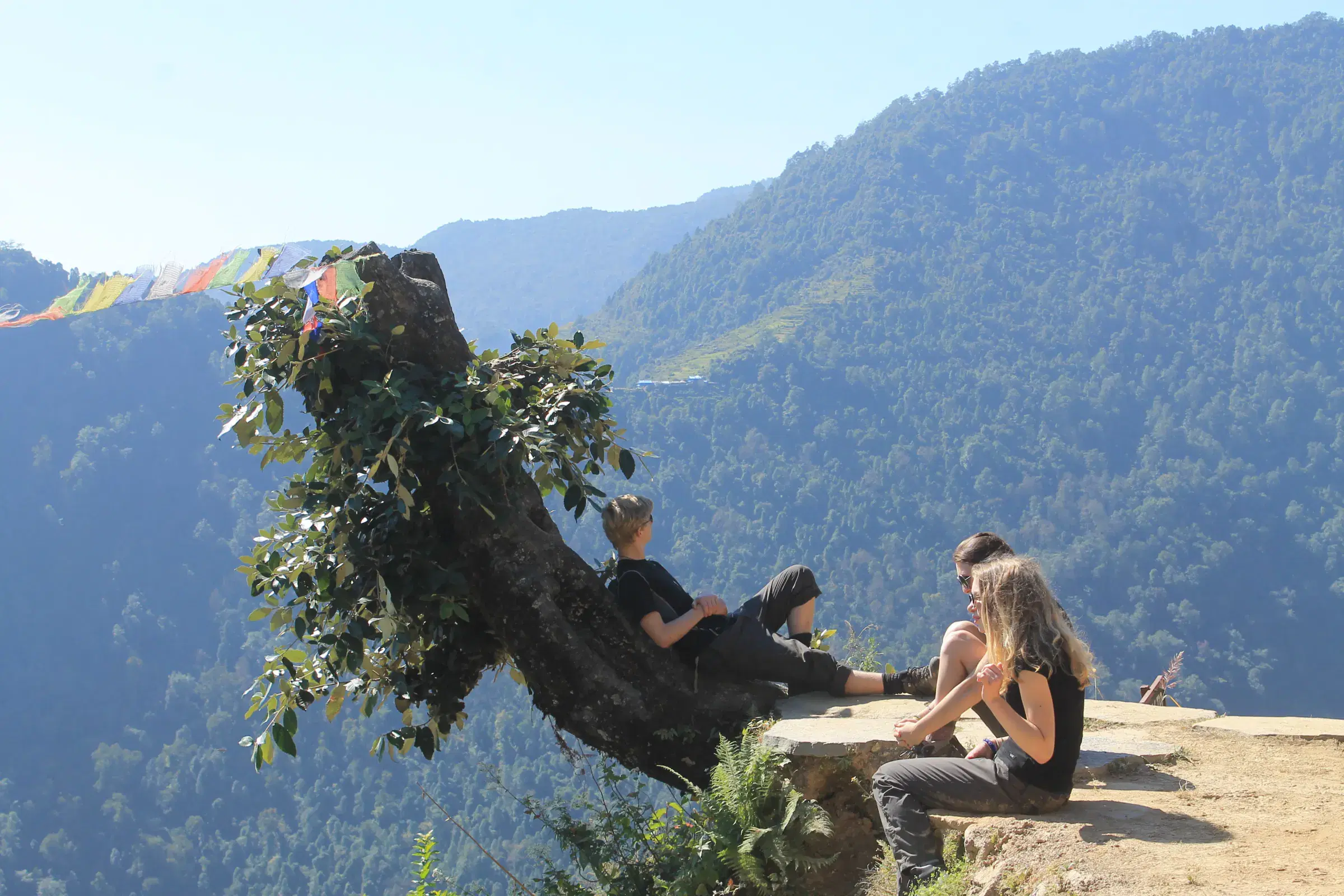 Outdoor scene featuring people, rocky terrain, blue sky, and greenery.