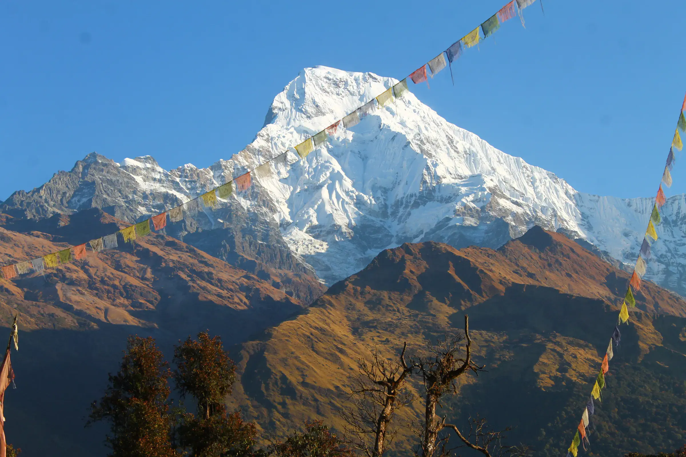 Mountain landscape featuring snowy terrain, water, and blue sky.