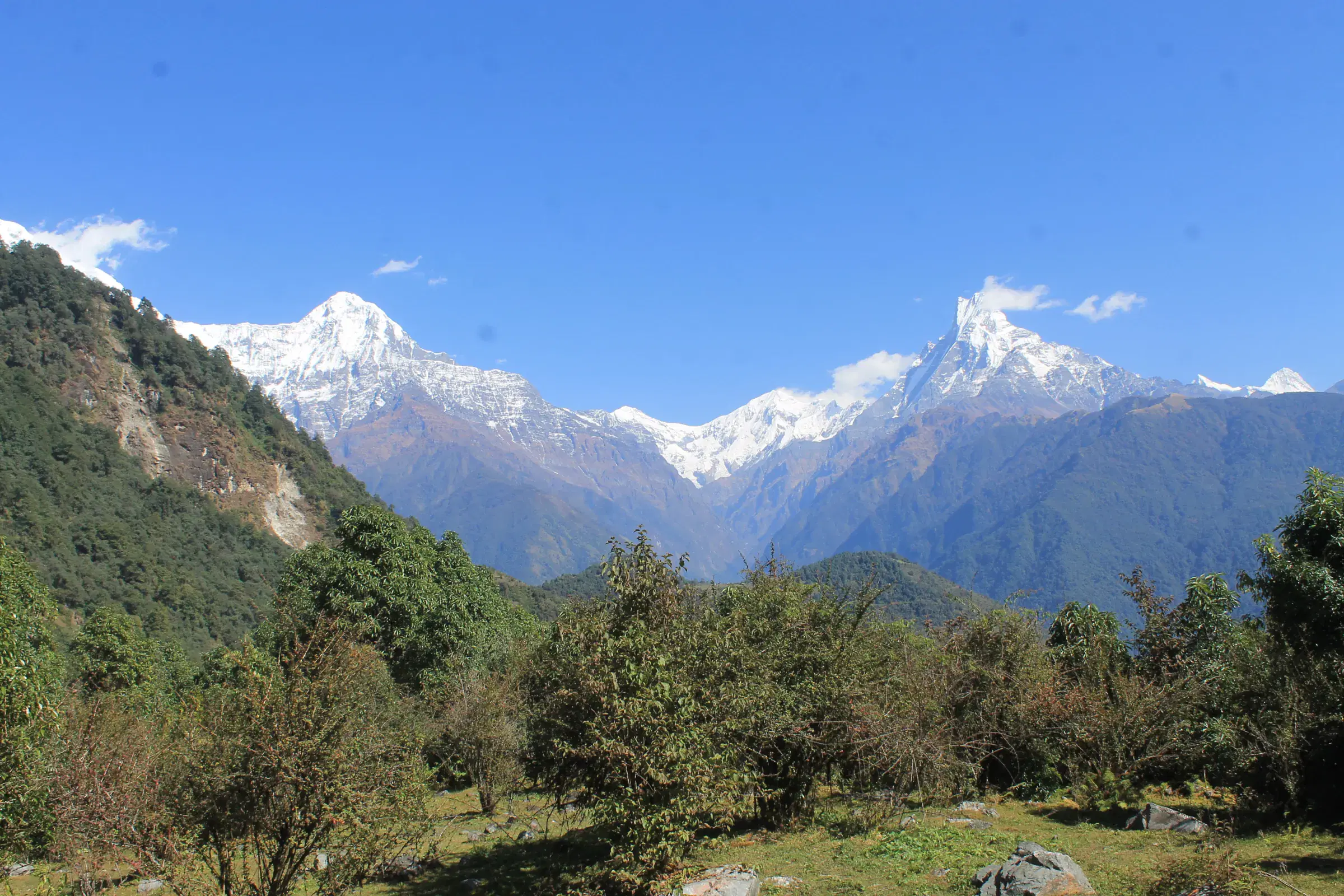 Mountain landscape featuring snowy terrain, cloudy sky, and greenery.