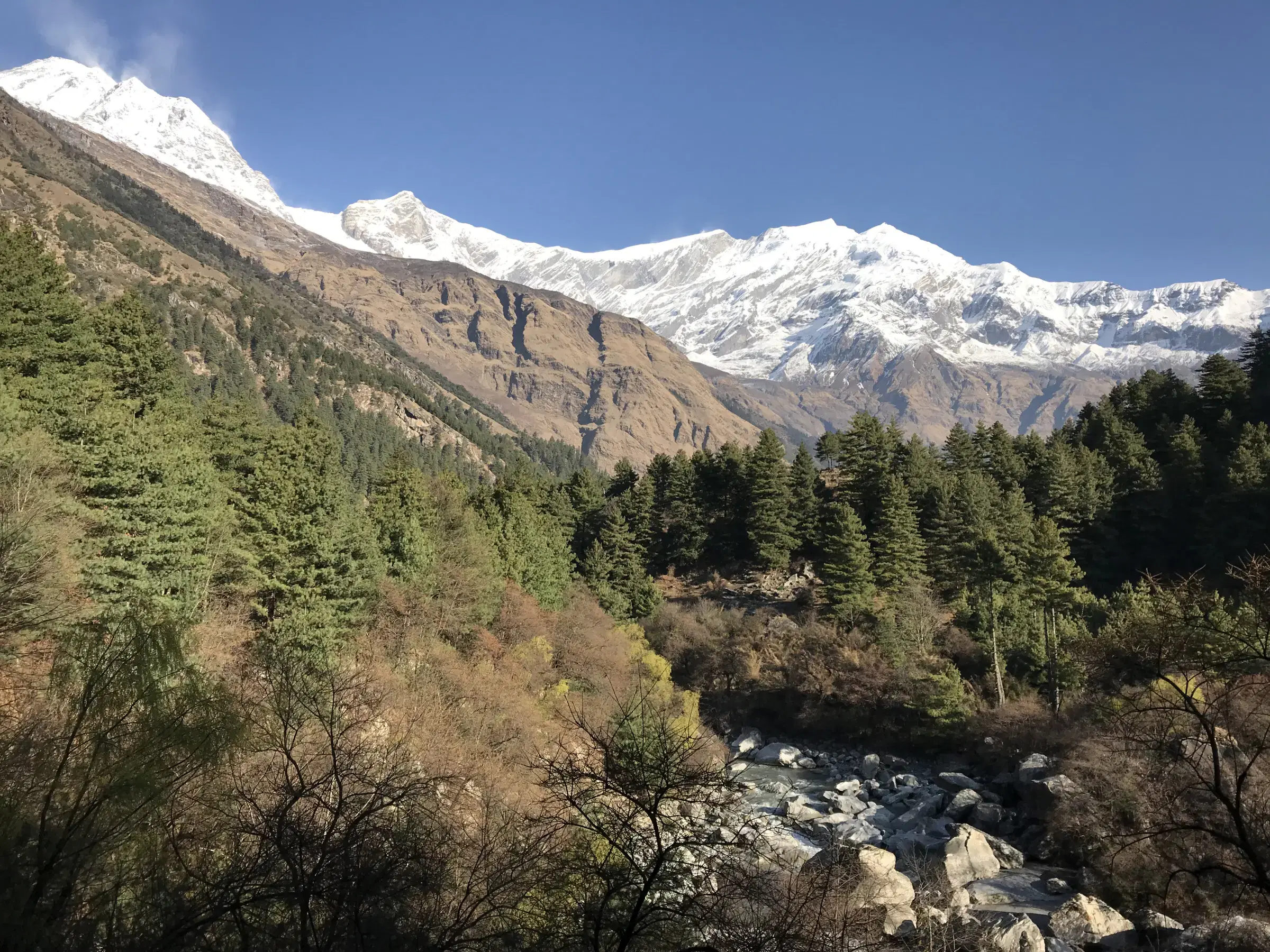 Mountain landscape featuring snowy terrain, water, and blue sky.