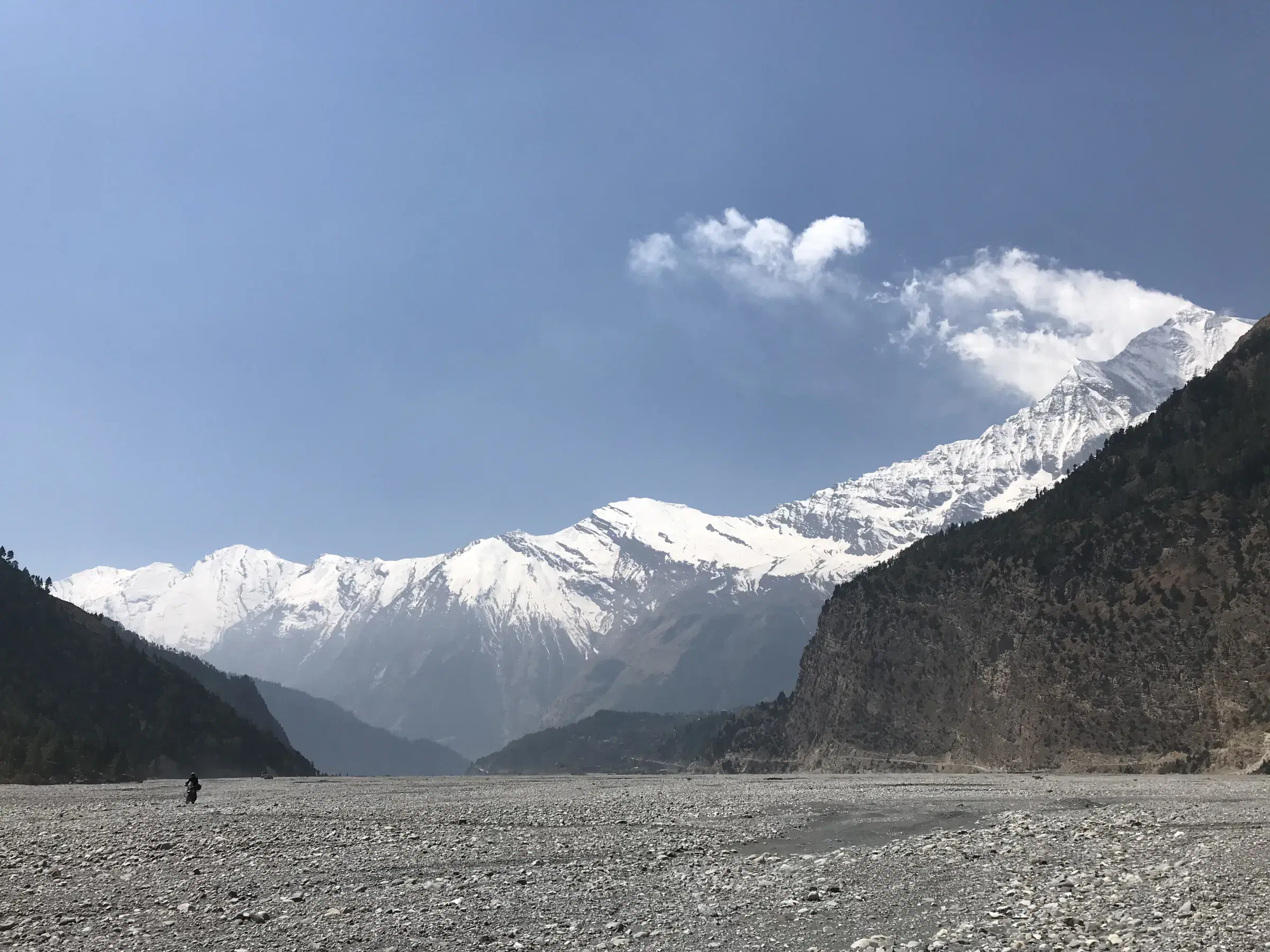 Mountain landscape featuring snowy terrain, water, and cloudy sky.