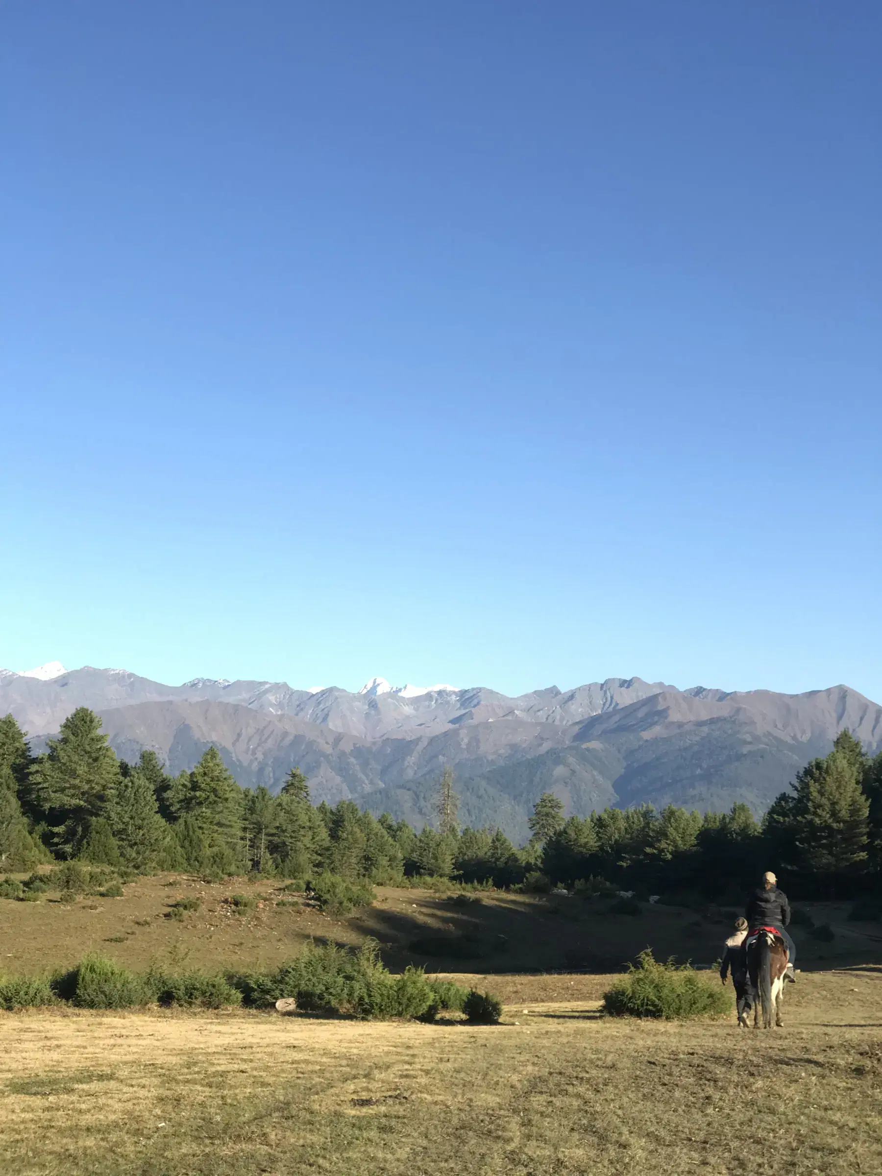 Outdoor scene featuring people, rocky terrain, blue sky, and greenery.
