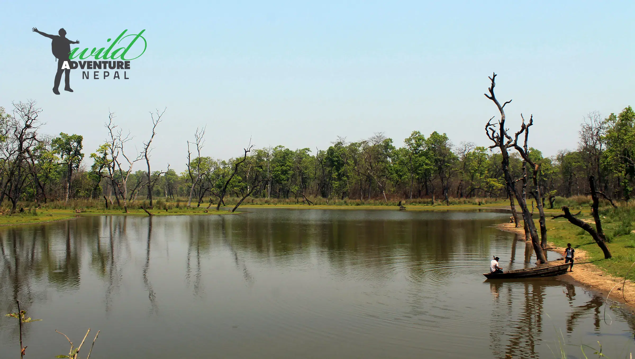 Green outdoor landscape featuring water and blue sky.