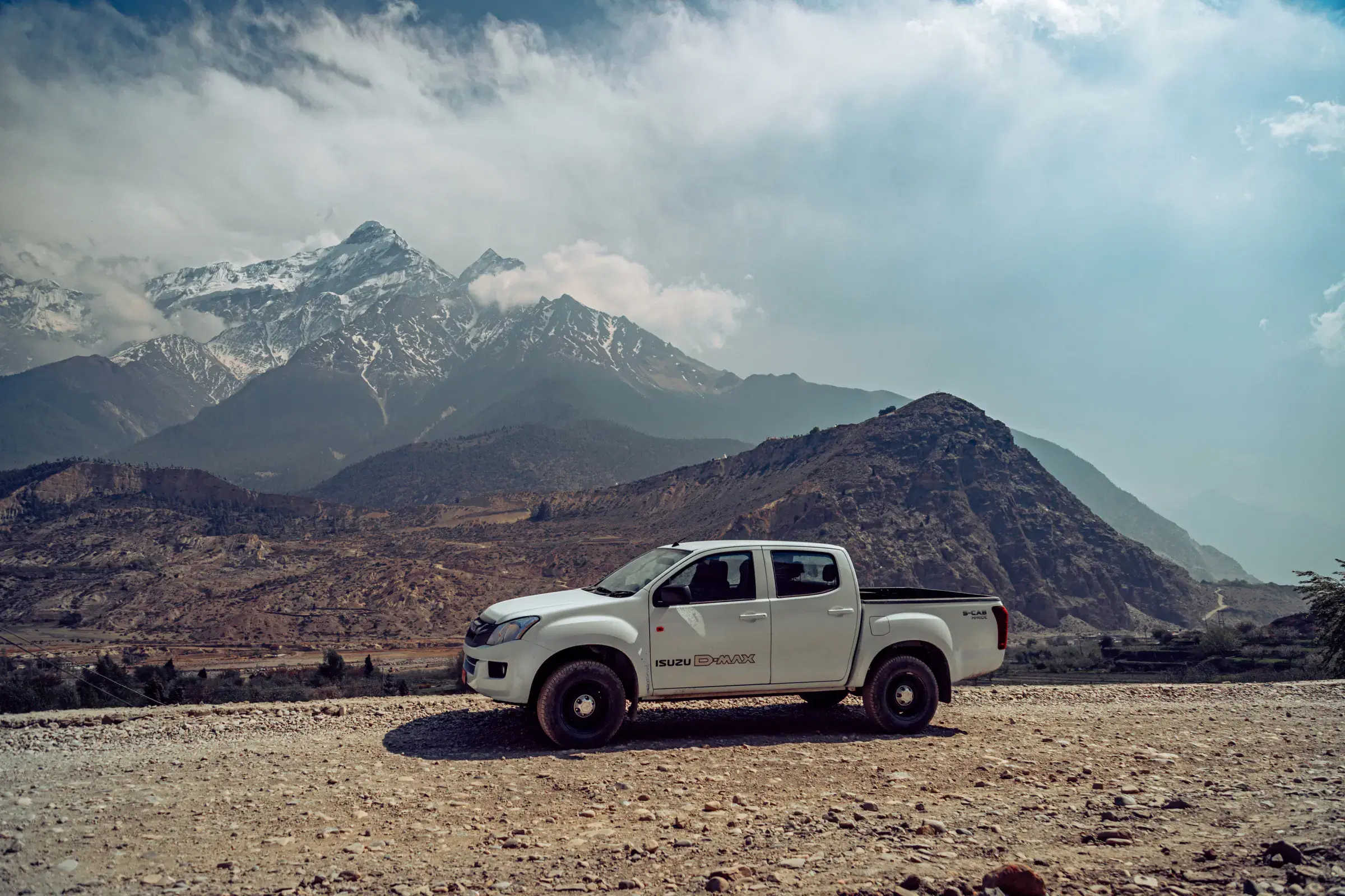Outdoor vehicle scene featuring a vehicle, snowy terrain, and cloudy sky.