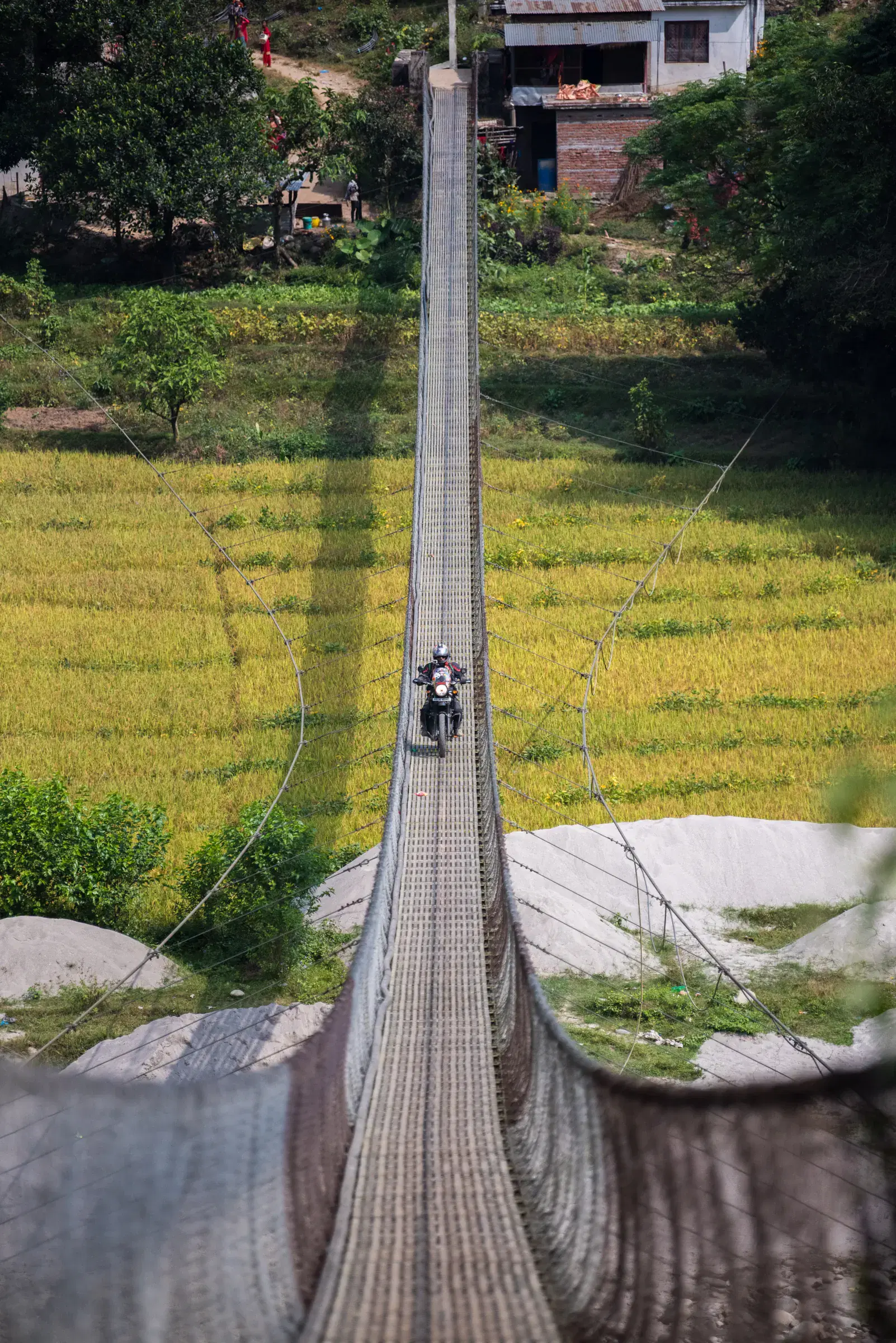 Portrait-oriented Outdoor scene featuring a built structure and greenery.