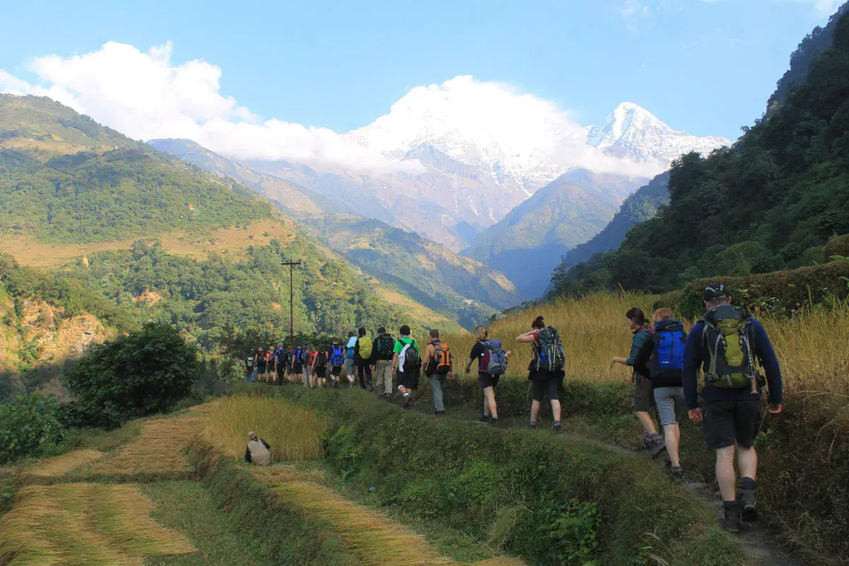 Outdoor scene featuring people, cloudy sky, and greenery.